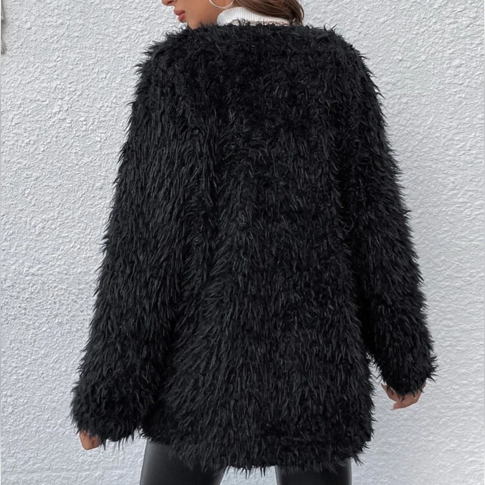 Cozy Faux Vegan Fur Open Front Jacket Coat Hot Pink - Picture 9 of 14